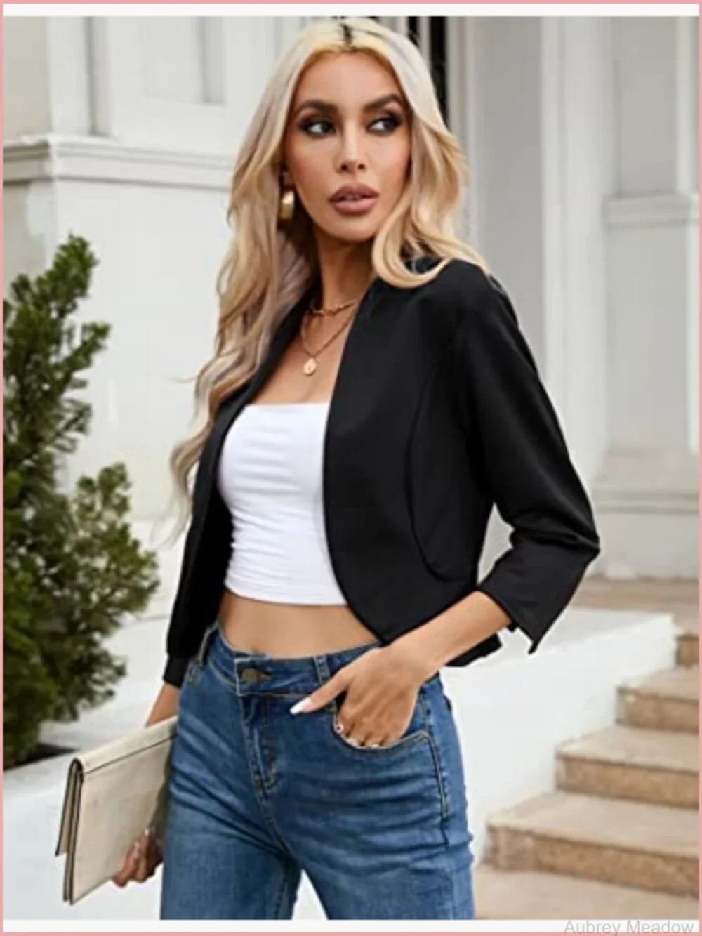 Cropped Blazer 3/4 Sleeve Collarless Open Front Cardigan Work Jacket Shrug